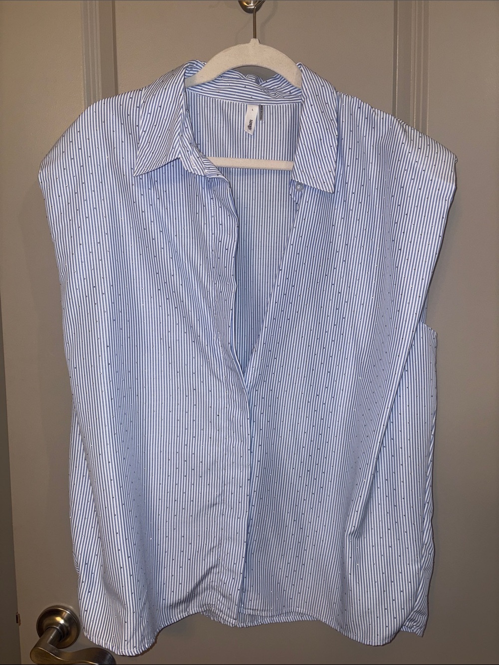 Rhinestone Blue & White Striped Sleeveless Button-Down Top